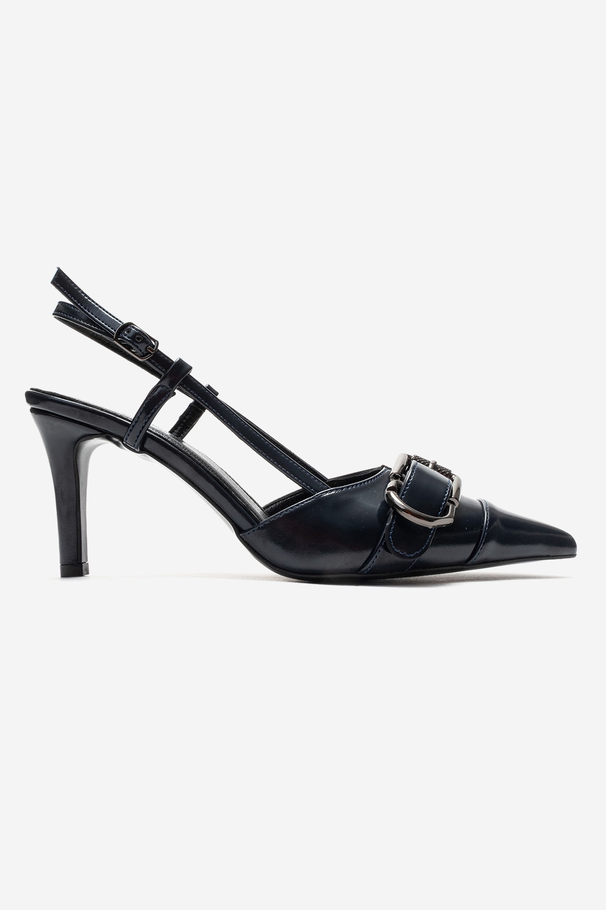 Noen Buckle Pointed Toe Stiletto Pump, Alternate, color, Navy