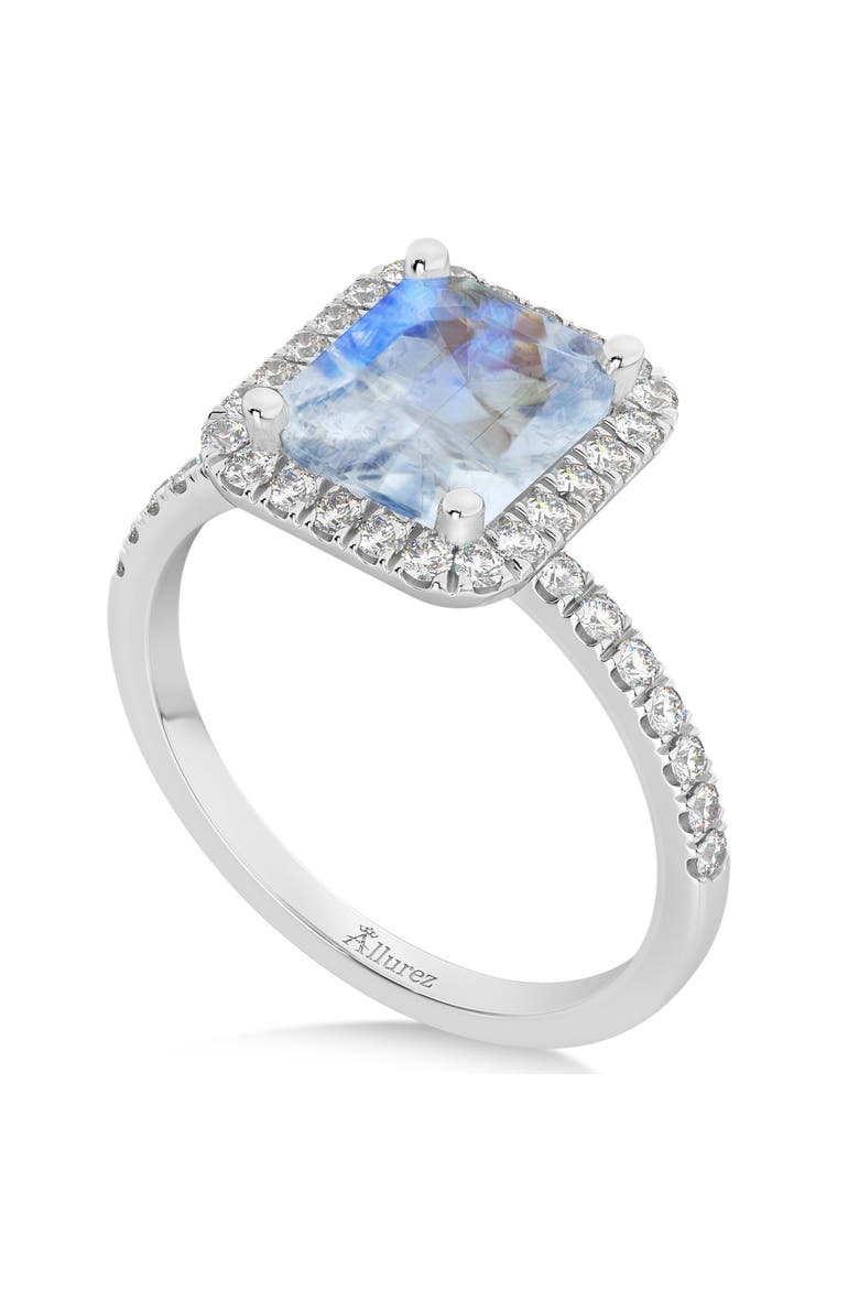Emerald-Cut Lab Moonstone & Diamond Engagement Ring 14k, Alternate, color, 3.32ct/White Gold