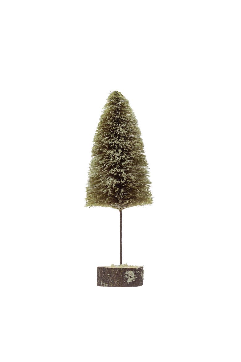 Sisal Bottle Brush Tree with Wood Slice Base with Snow Finish, Green, Main, color, Green