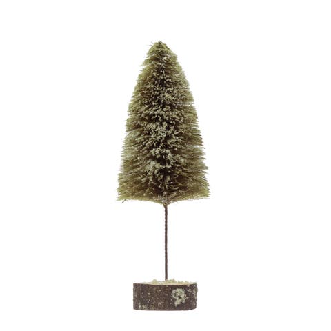 Sisal Bottle Brush Tree with Wood Slice Base with Snow Finish, Green