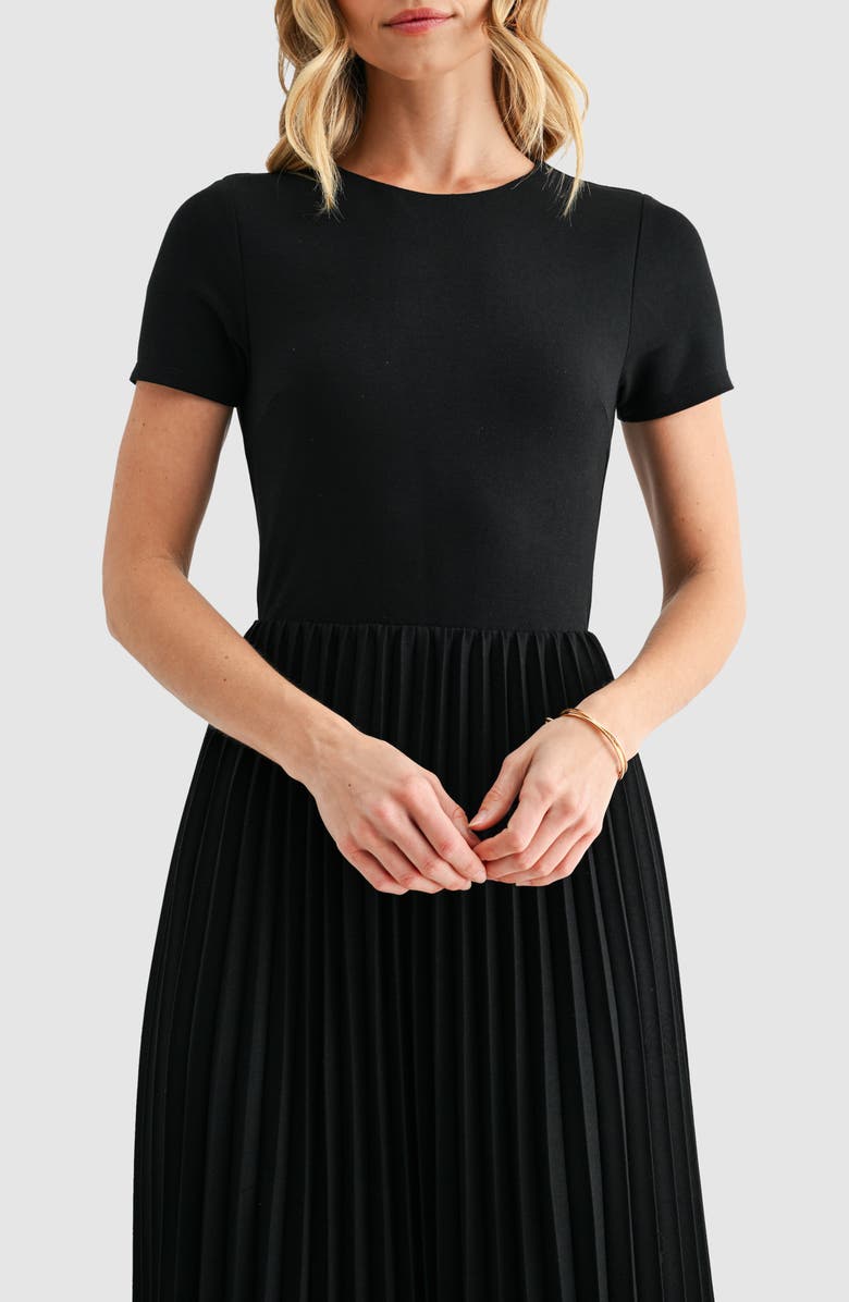 Mila Mae Short Sleeve Pleated Midi Dress, Alternate, color, Black