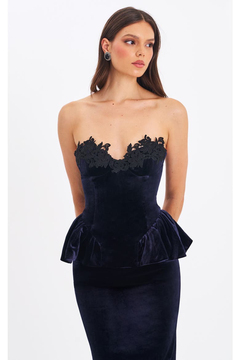 Pascha Lace Appliqué Strapless Peplum Maxi Dress, Alternate, color, Black