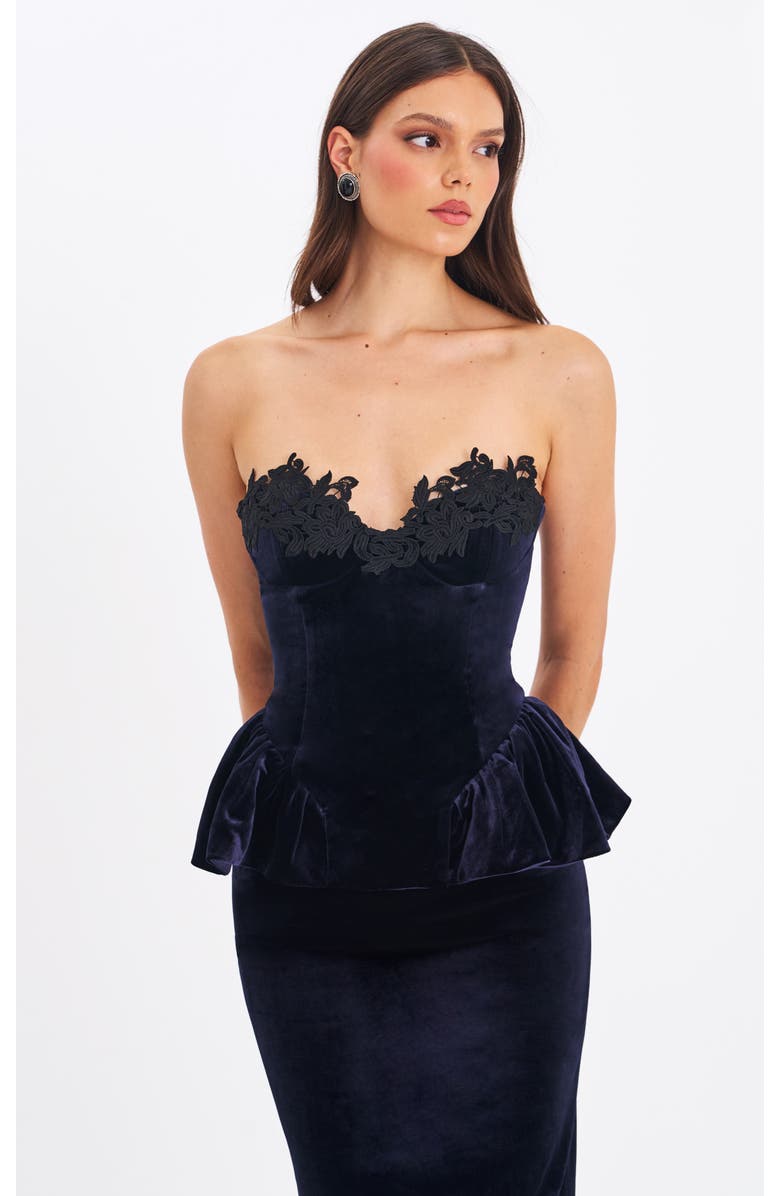 Miss Circle Pascha Lace Appliqué Strapless Peplum Maxi Dress, Alternate, color, Black