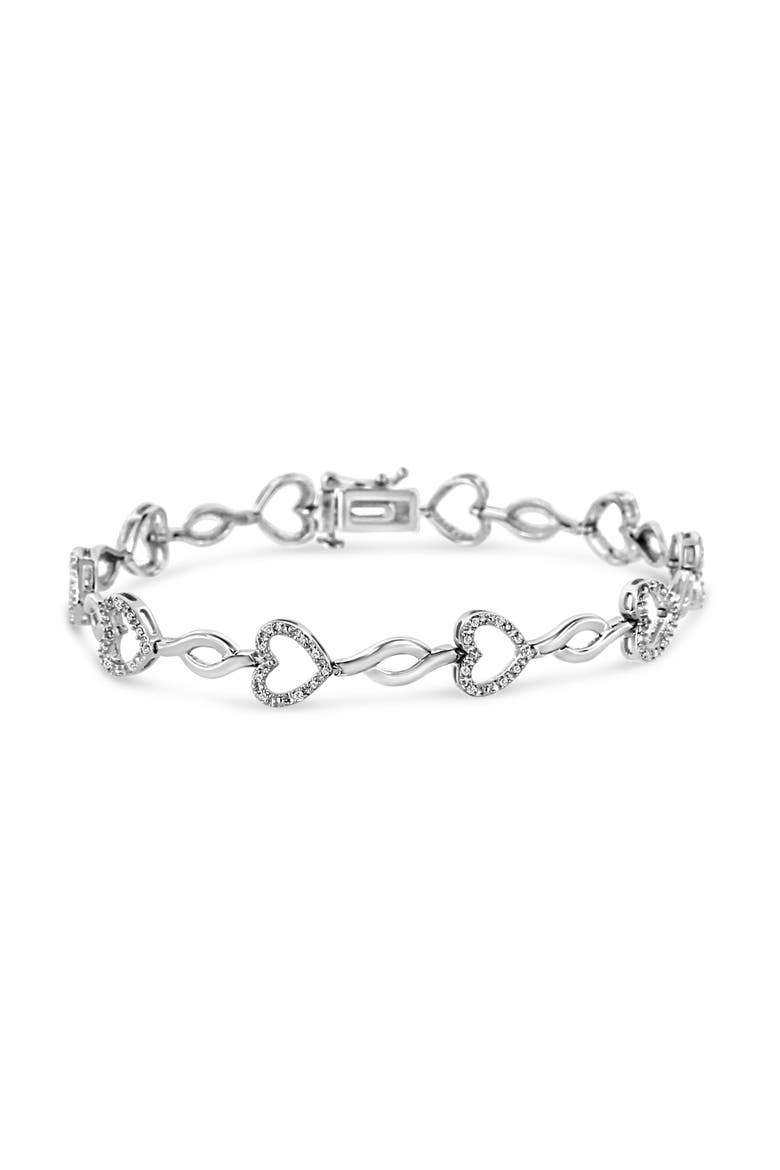Silver 1/4 Cttw Round-Cut Diamond Alternating Heart and Leaf Link Bracelet, Main, color, White