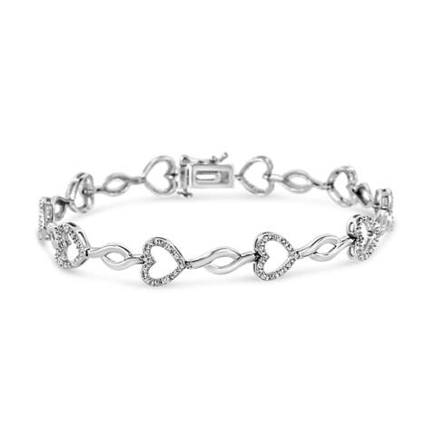 Silver 1/4 Cttw Round-Cut Diamond Alternating Heart and Leaf Link Bracelet