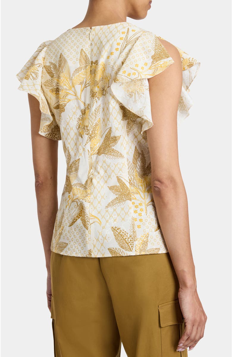Santorelli ELLA Flutter Sleeve Buttoned Blouse with Waist Panel in Floral Printed Cotton Cloque, Alternate, color, Chamomile