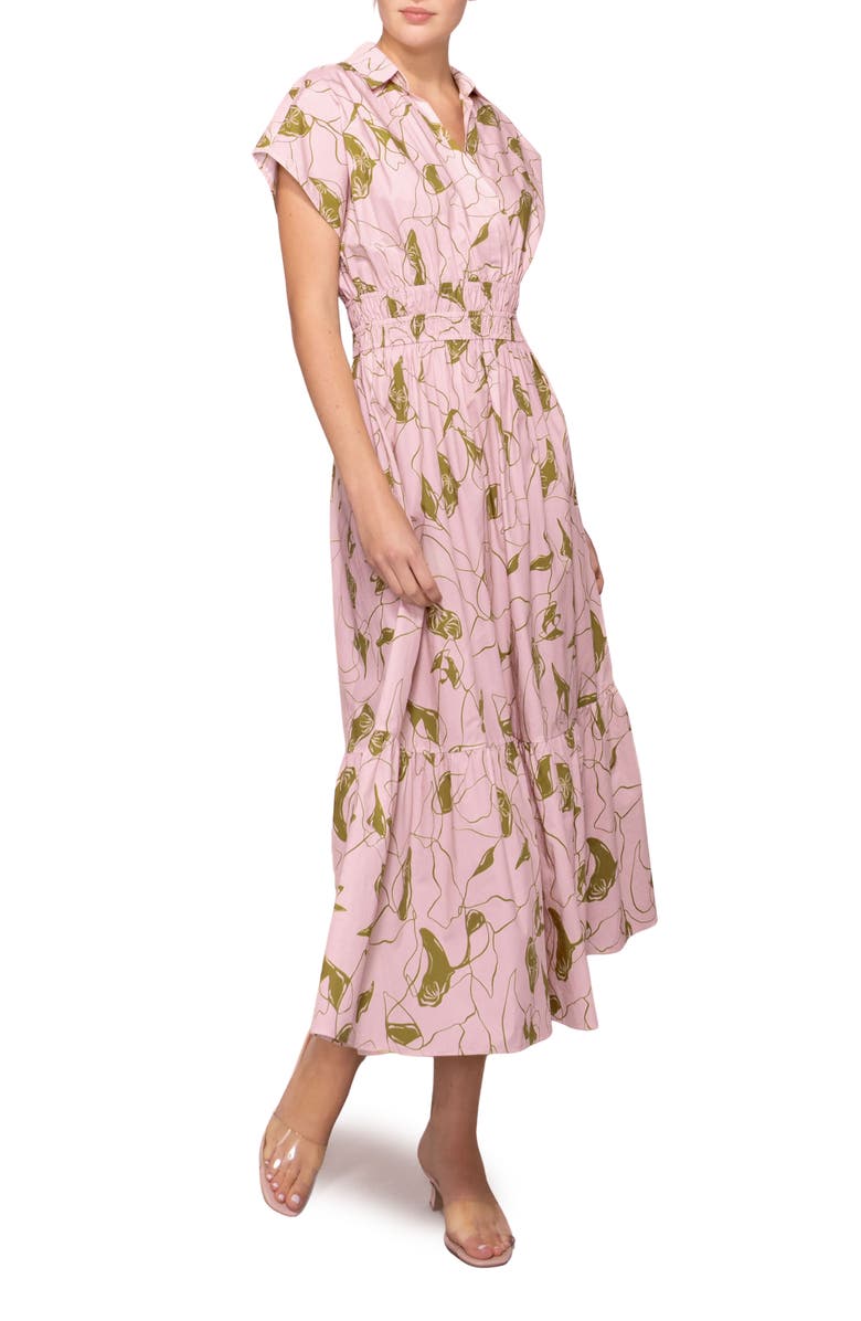 MELLODAY Short Sleeve Poplin Tiered Midi Dress, Alternate, color, Light Pink Olive Print