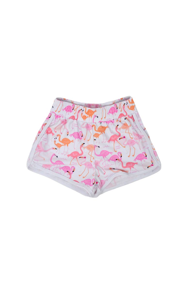 Flap Happy Girls' Sustainably Made UPF 50+ Morgan Retro Swim Shorts, Main, color, Flamingo Love