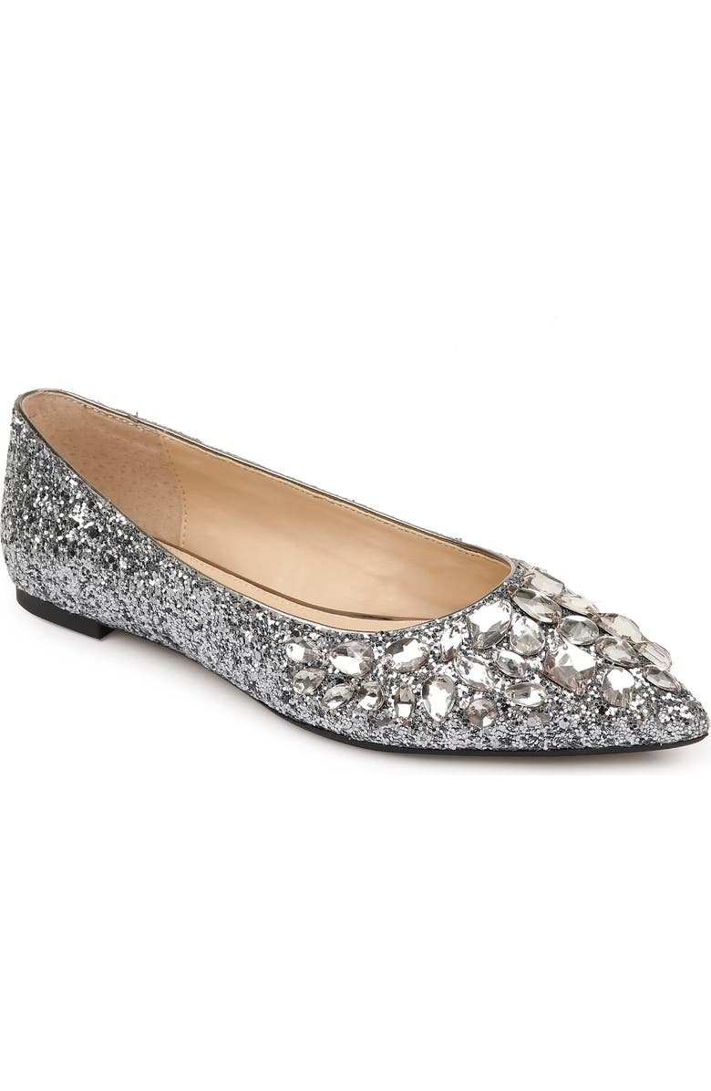 Jewel Badgley Mischka Ulanni Embellished Pointed Toe Glitter Flat, Main, color,