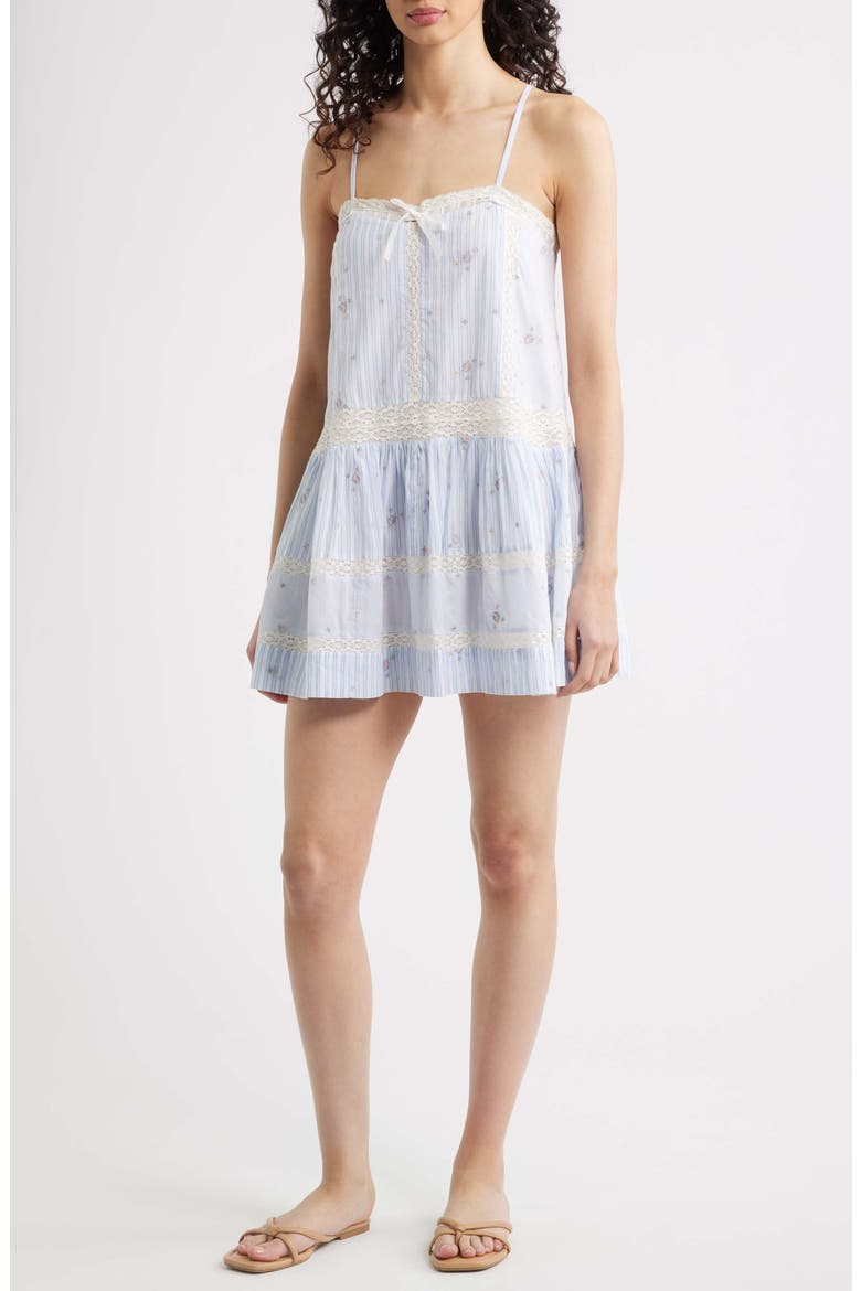 Vionett Floral Mixed Stripe Cotton Babydoll Dress, Main, color, SKY MIST