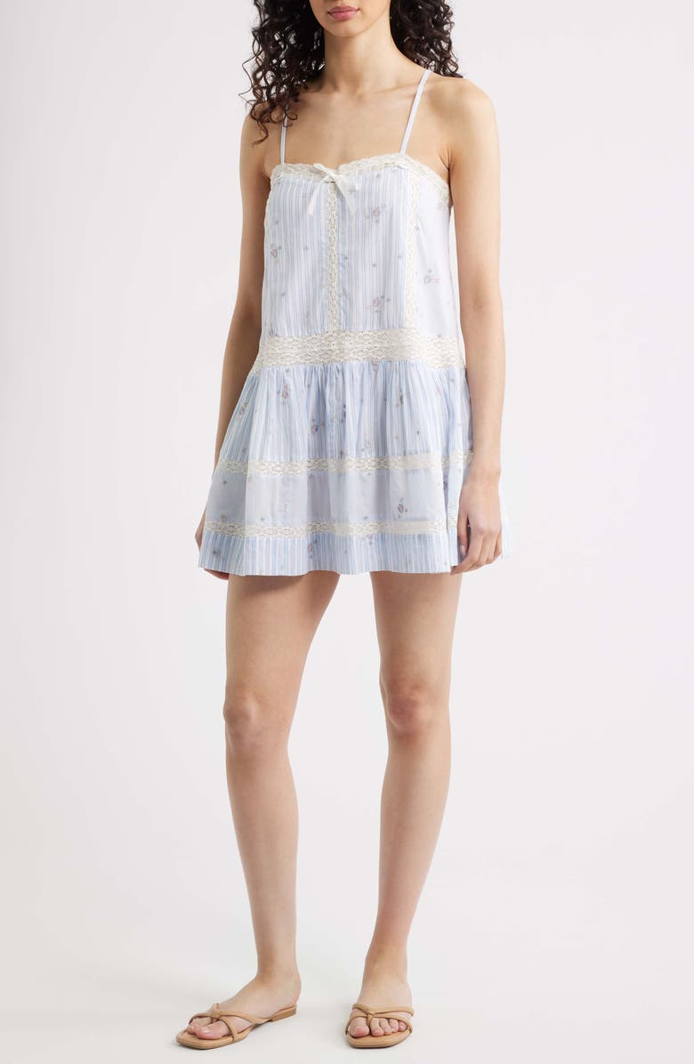 LoveShackFancy Vionett Floral Mixed Stripe Cotton Babydoll Dress, Main, color, Sky Mist