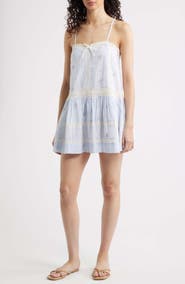 LoveShackFancy Vionett Floral Mixed Stripe Cotton Babydoll Dress