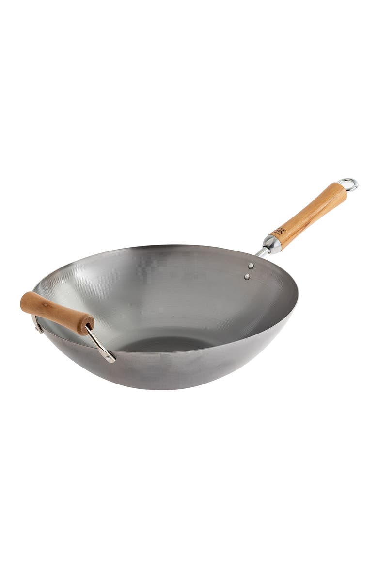 Classic Series Silver 14-Inch Carbon Steel Wok with Birch Handles, Main, color, SILVER