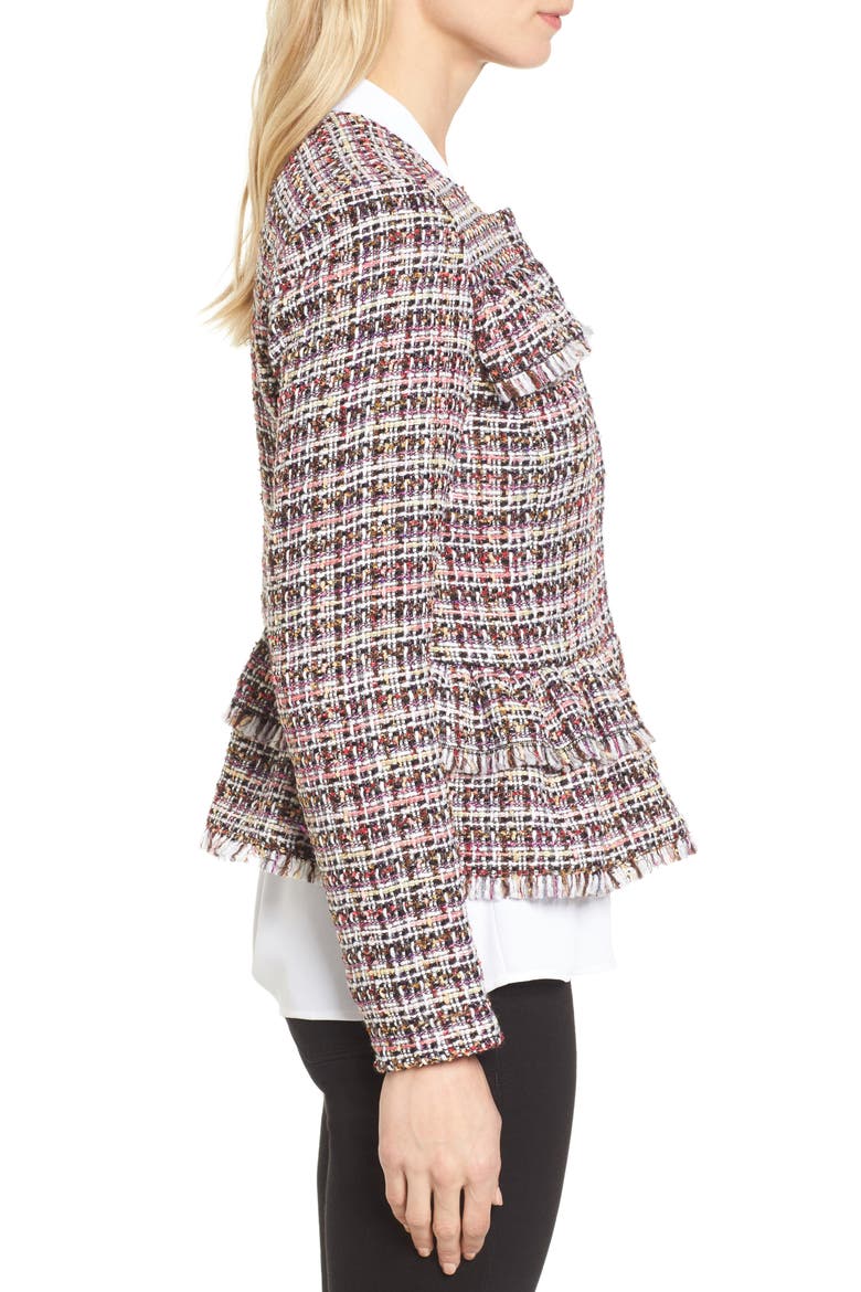 RUFFLE DETAIL TWEED JACKET, Alternate, color, PINK MULTI TWEED