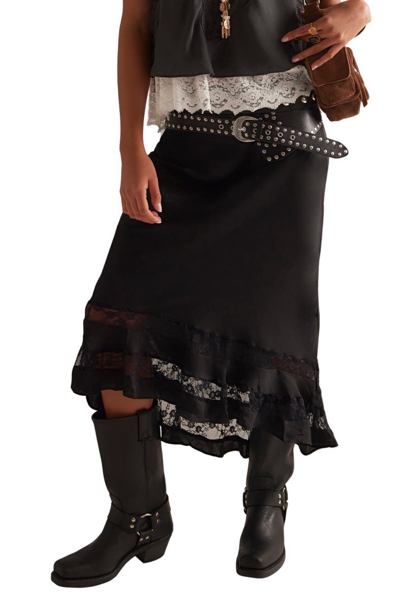 Long Lost Lover Lace Detail Satin Slip Skirt, Main, color, BLACK