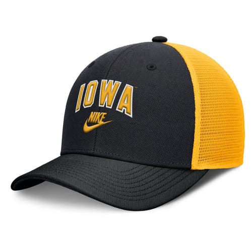 Nike Men's Black/gold Iowa Hawkeyes Legacy Arch Rise Performance Trucker Adjustable Hat In Black