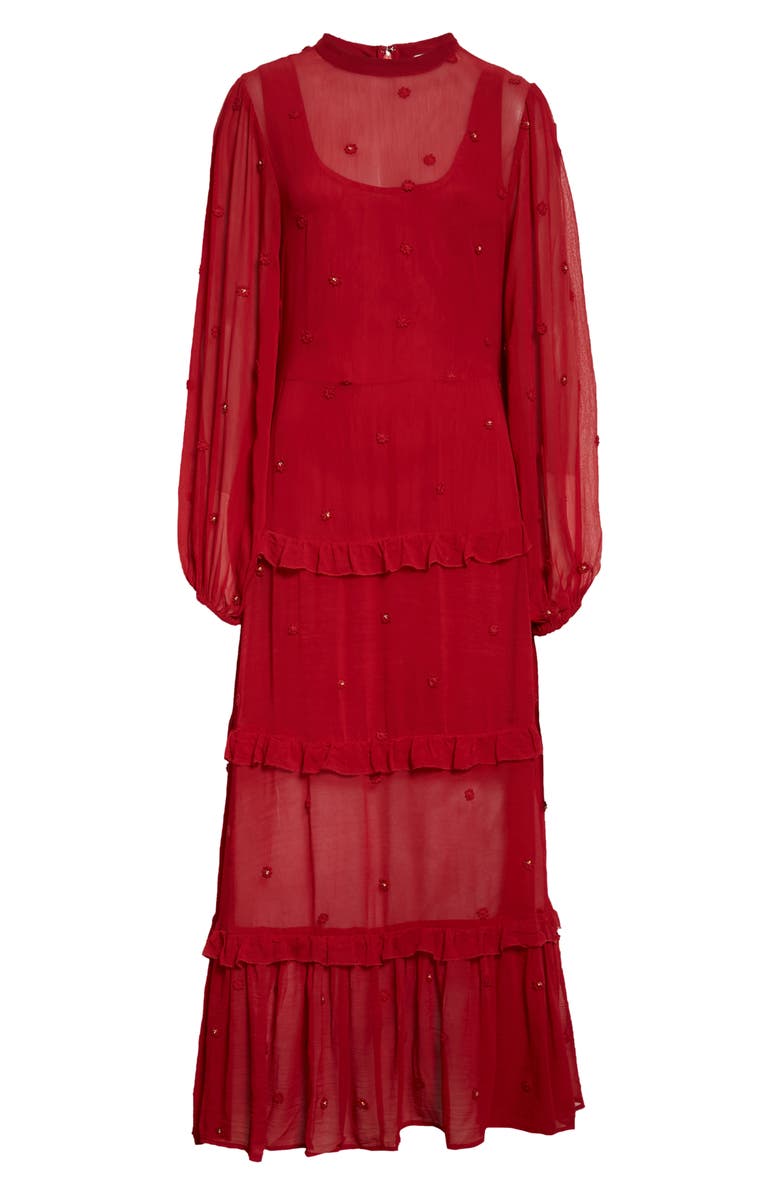 FARM Rio Red Ruffle Long Sleeve Maxi Dress, Alternate, color, 