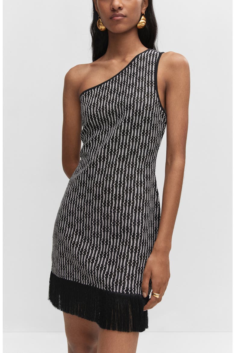 One-Shoulder Fringe Hem Knit Dress, Alternate, color, BLACK
