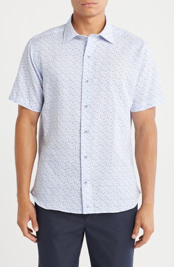 David Donahue Print Short Sleeve Sport Shirt In Blue