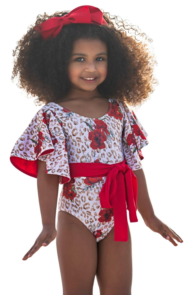 Mia Belle Girls Spots and Petals Flare Sleeve One Piece Swimsuit, Main, color, Red