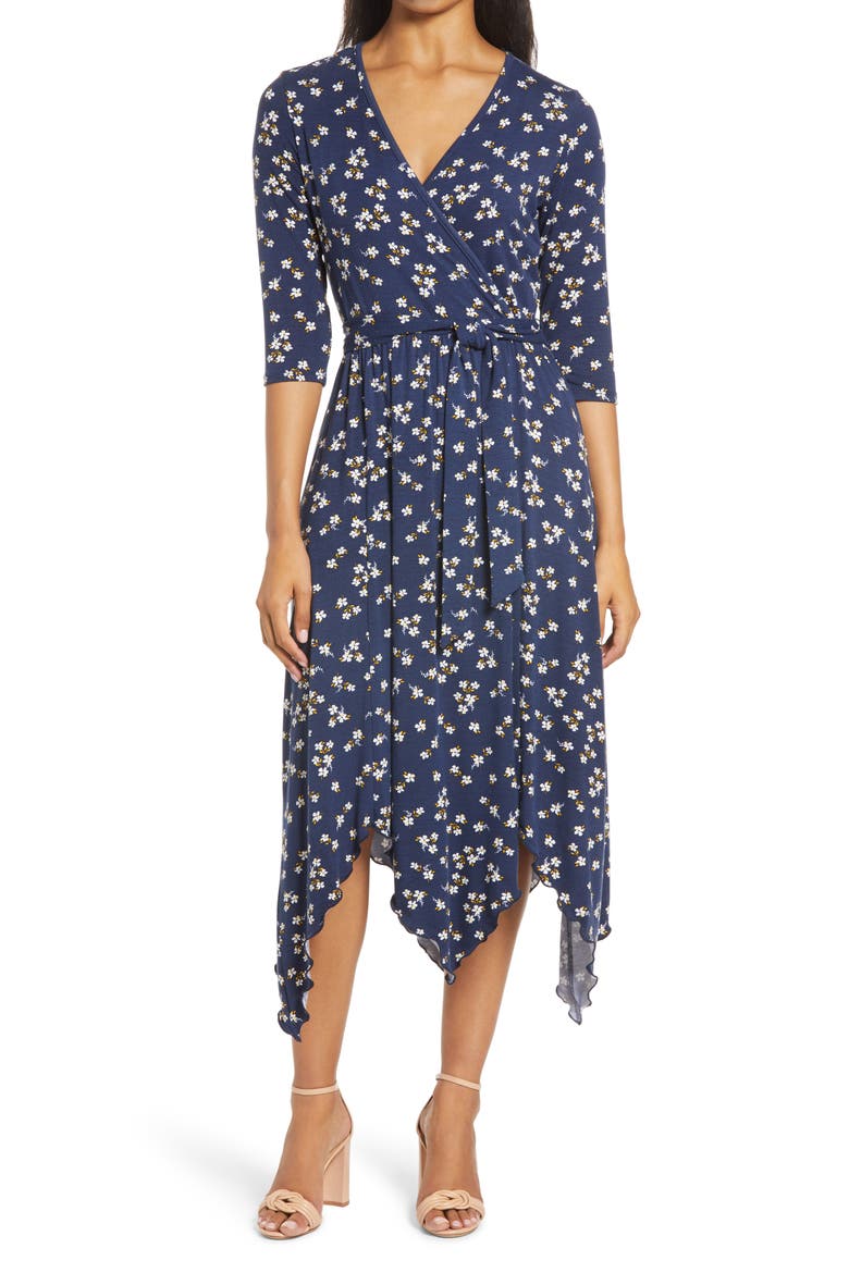 Loveapella Faux Wrap Midi Dress, Main, color, NAVY/ IVORY/ GLD