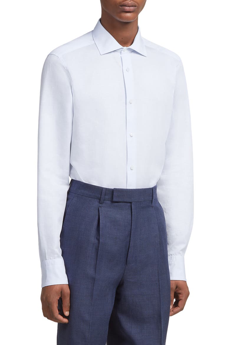 Garment Washed Cotton & Linen Button-Up Shirt, Main, color, BLUE