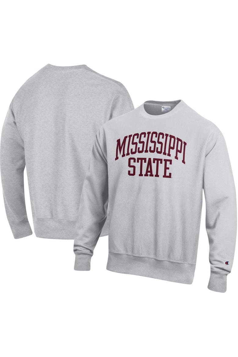 Men's Champion Heathered Gray Mississippi State Bulldogs Arch Reverse Weave Pullover Sweatshirt, Main, color, Heather Gray