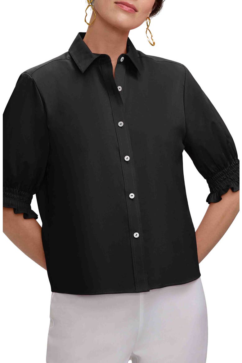 Vivienne Elbow Sleeve Matte Sateen Button-Up Shirt, Main, color, BLACK