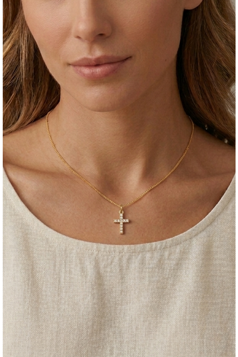 Cubic Zirconia Mini Cross Pendant Necklace, Alternate, color, Metalic Gold