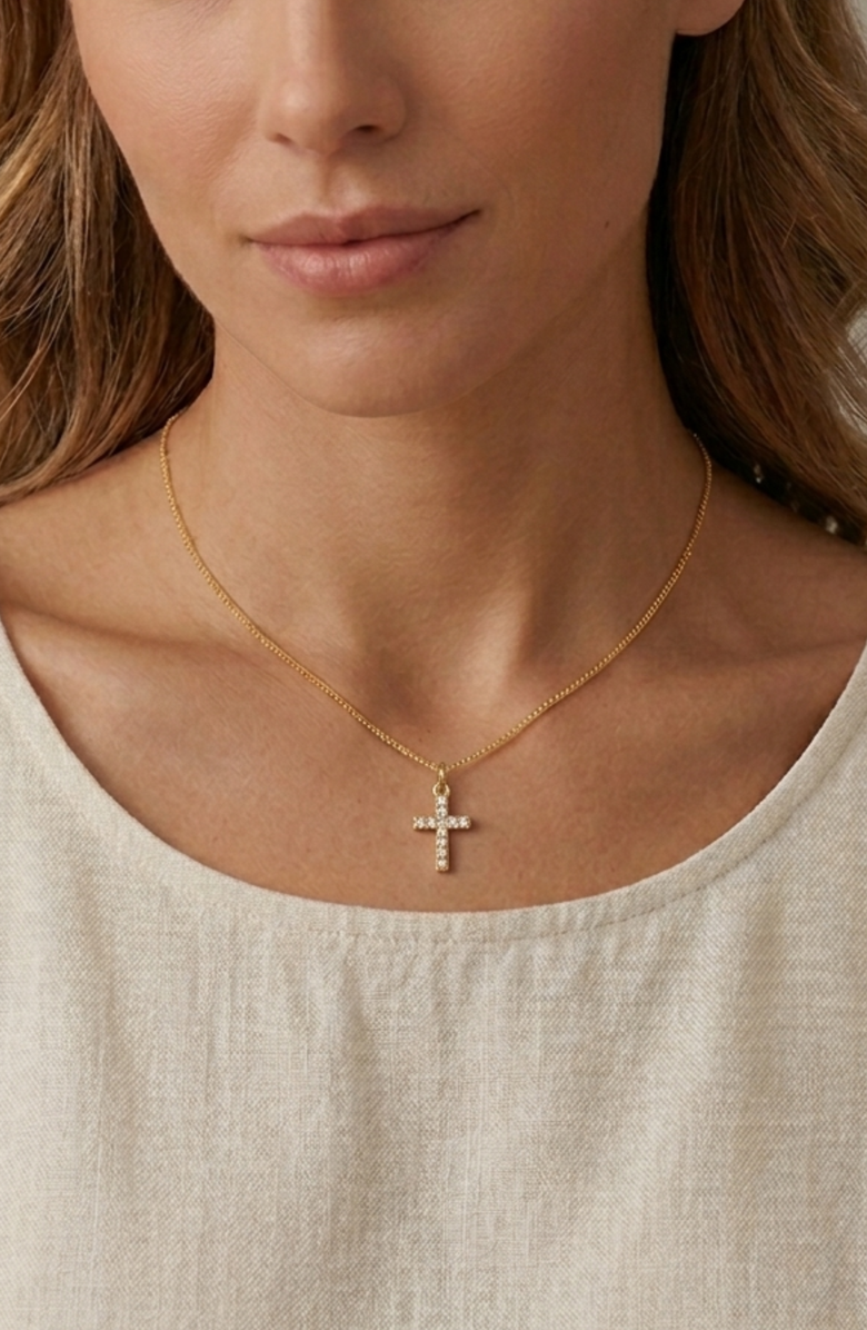 Emma Rae Cubic Zirconia Mini Cross Pendant Necklace, Alternate, color, Metalic Gold