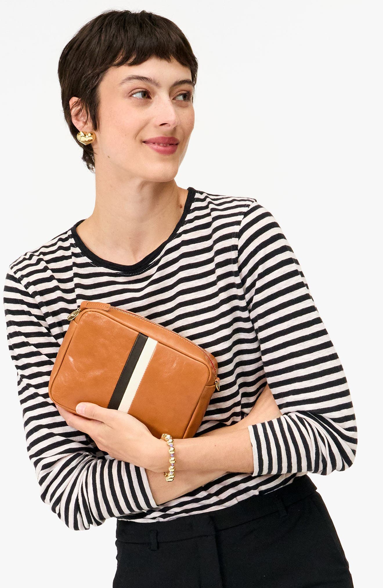 Clare V. Midi Sac Leather Crossbody Bag, Alternate, color, Rustic/ Black & Cream