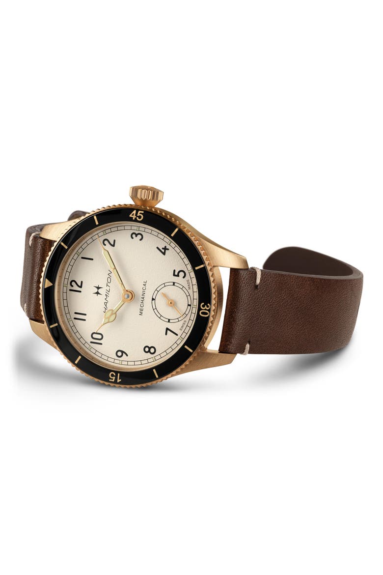 Khaki Aviation Pilot Pioneer Bronze Leather Strap Watch, 43mm, Alternate, color, WHITE
