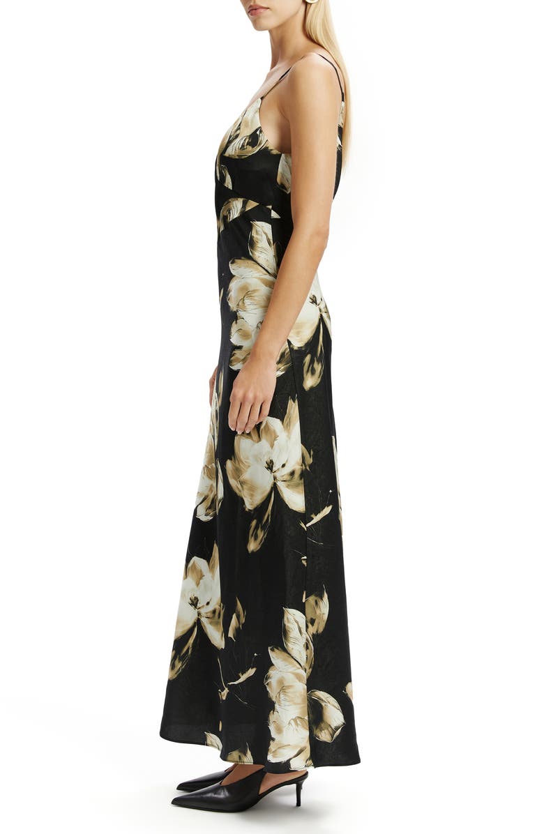 Bardot Capri Floral Print Satin Slipdress, Alternate, color, Black Floral