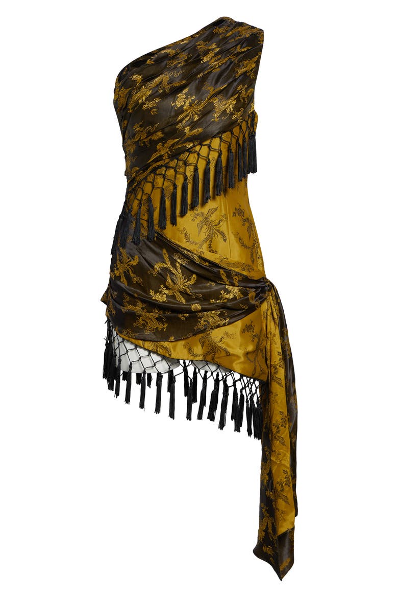 Andrea Fringe Silk Jacquard One-Shoulder Minidress, Alternate, color, BLACK/ YELLOW