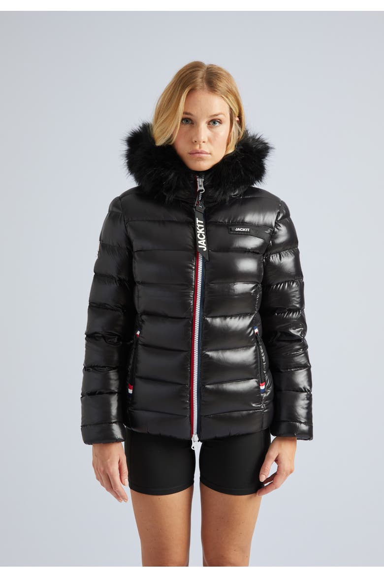 Faux Fur Hooded Puffer Jacket, Main, color, Black