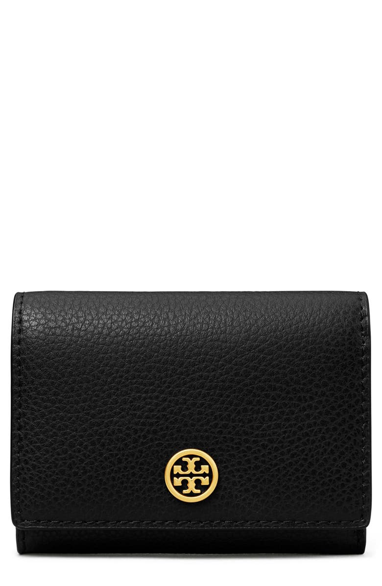 Tory Burch Robinson Leather Bifold Card Case, Main, color, Black
