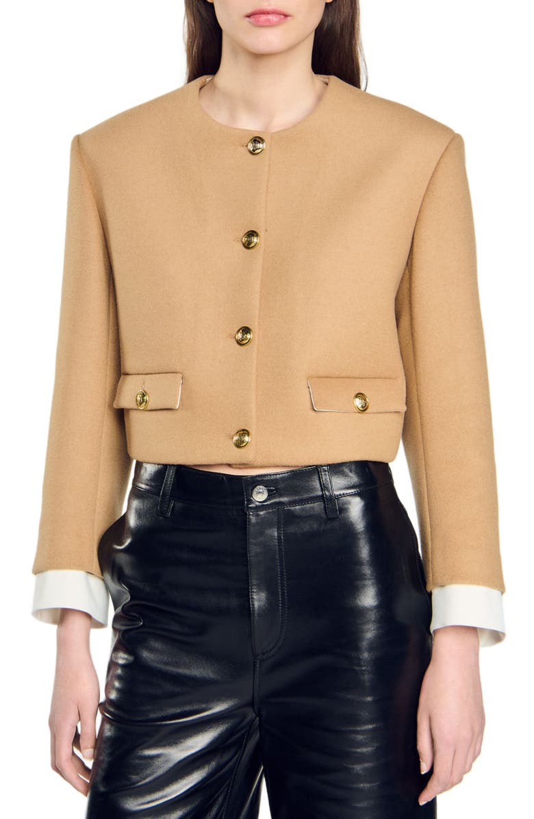 SANDRO Cropped wool-blend jacket, Main, color,