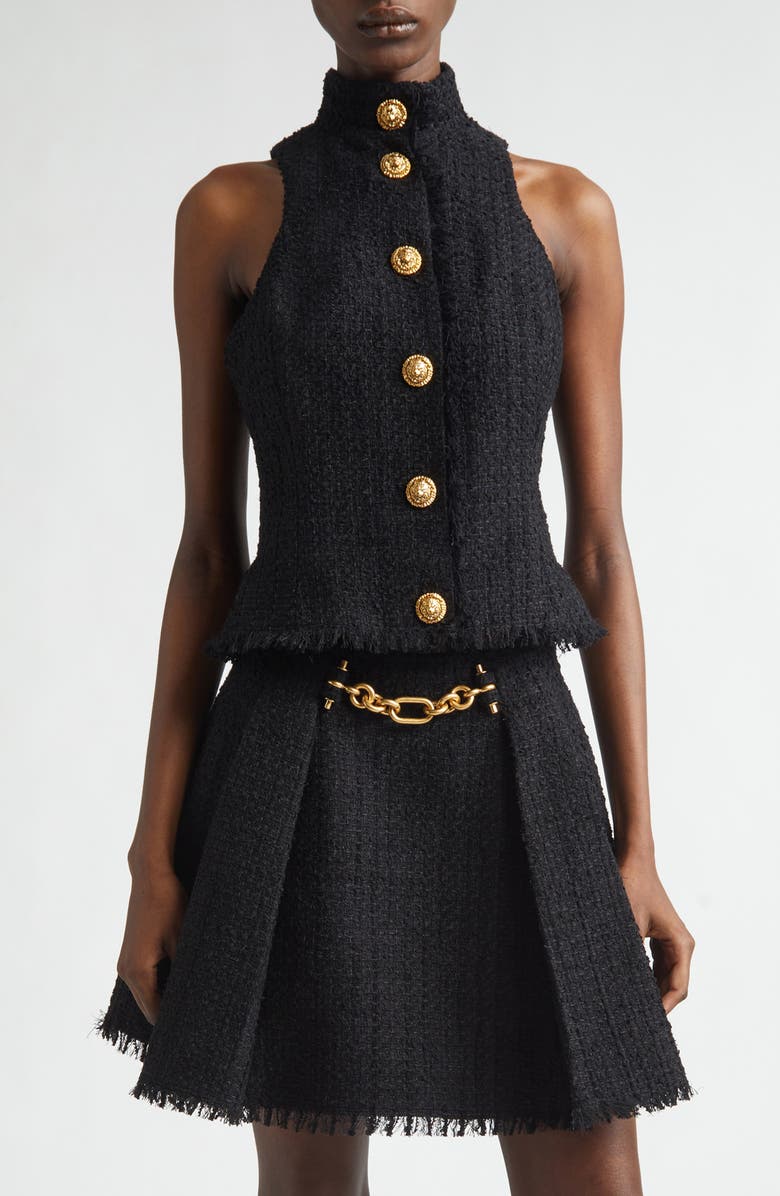 Balmain Button Front Fringe Tweed Top, Main, color, 0Pa Black