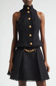 Balmain Button Front Fringe Tweed Top