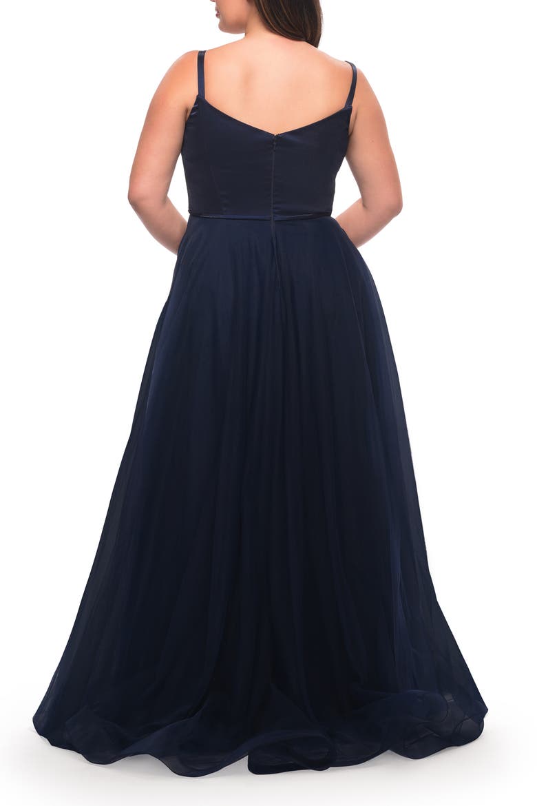 Long Plus Size Gown with Tulle Skirt and Satin Top, Alternate, color, Navy