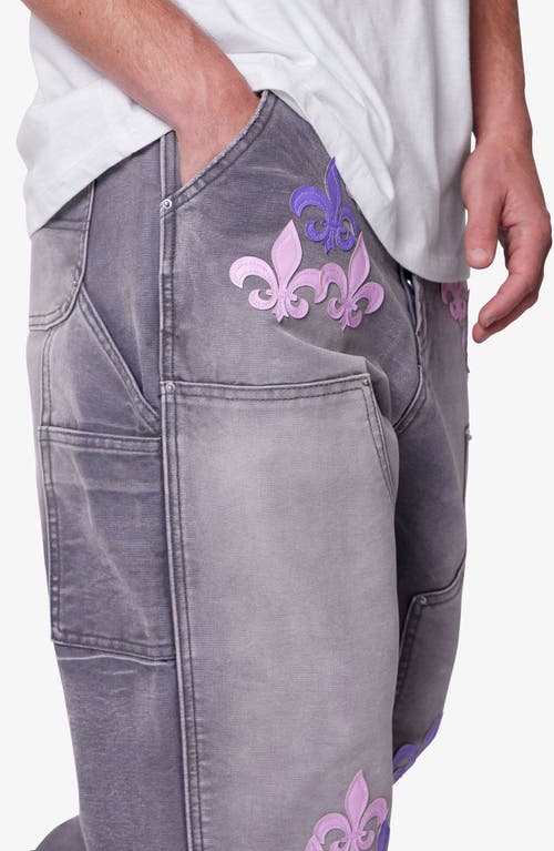 Mnml Embroidered Fleurs De Lis Double Knee Ultra Baggy Jeans In Gray