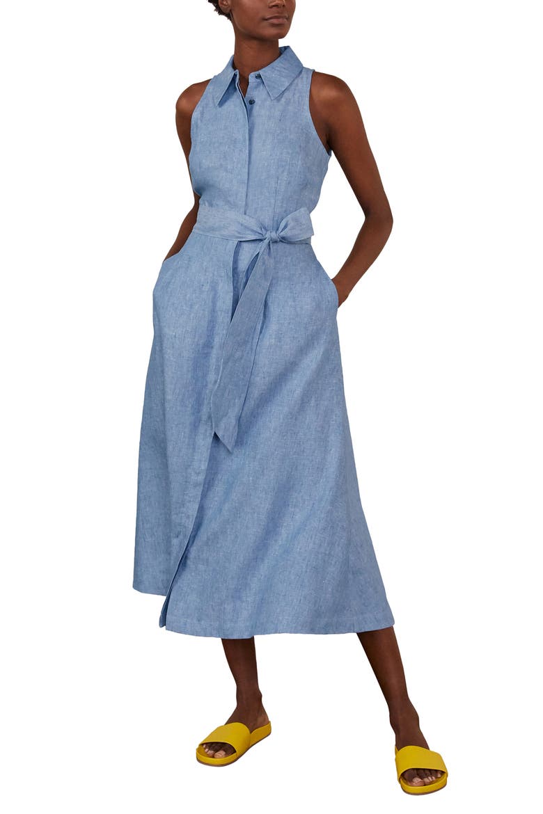 Kate Sleeveless Linen Midi Shirtdress, Main, color, CHAMBRAY