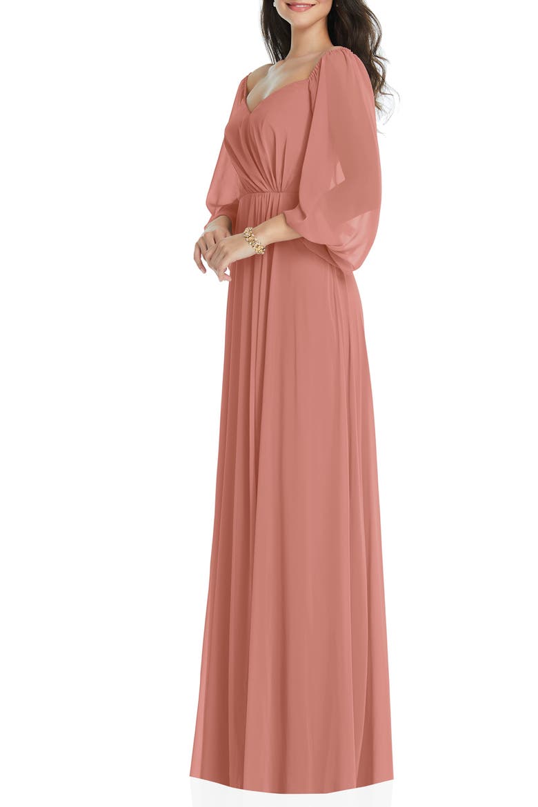 Convertible Neck Long Sleeve Chiffon Gown, Alternate, color, DESERT ROSE