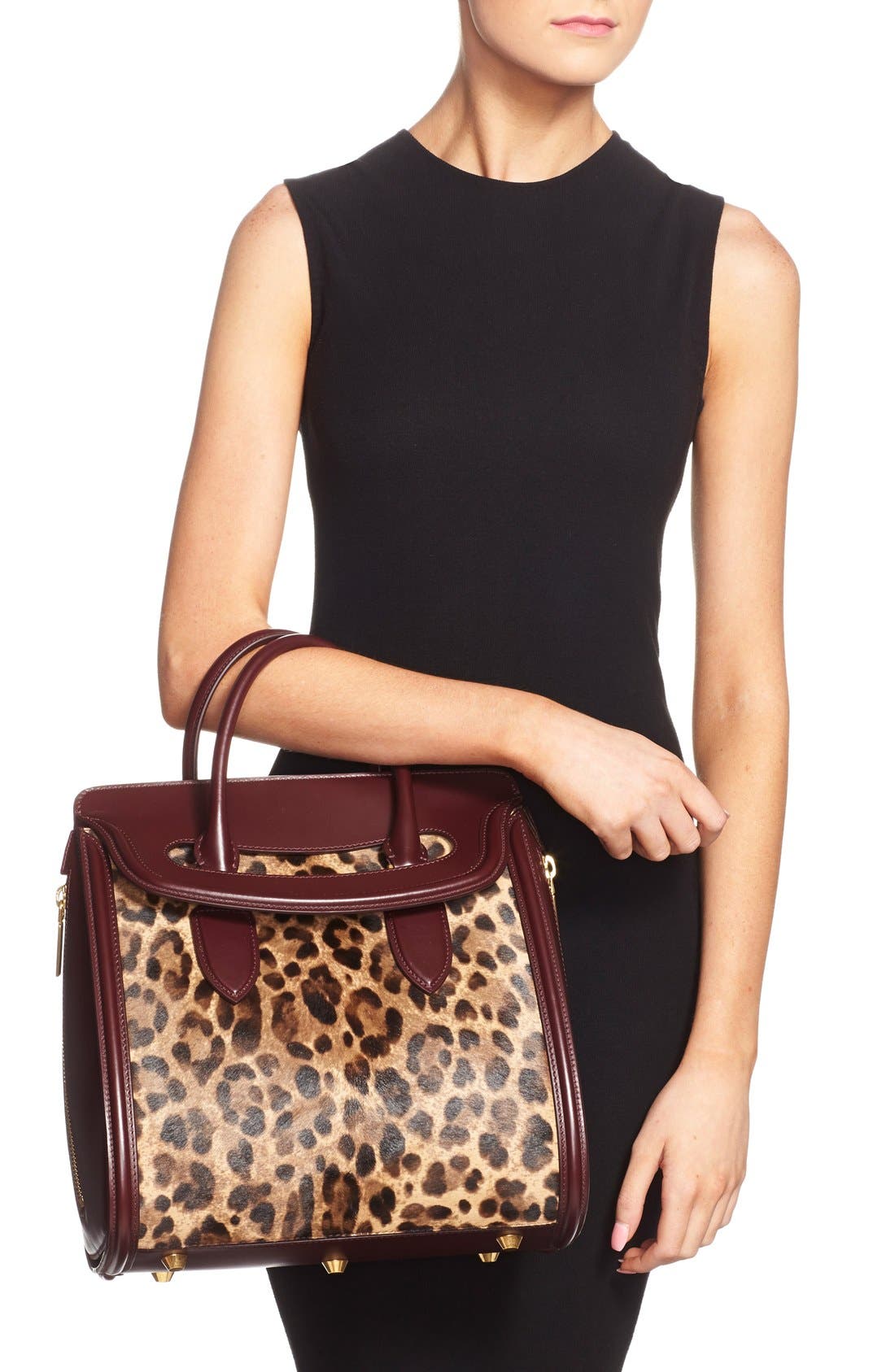 Alexander McQueen 'Heroine' Calf Hair Satchel, Alternate, color, NATURAL/ BLACK/ BORDEAUX