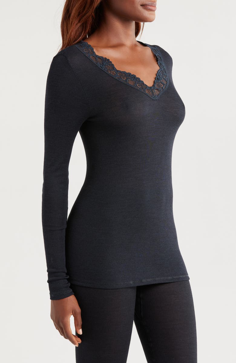 Hanro Lace Trim Merino Wool & Silk Pajama Top, Alternate, color, 