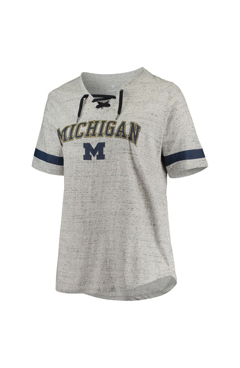 PROFILE Women's Heathered Gray/Navy Michigan Wolverines Plus Size Lace-Up V-Neck T-Shirt, Alternate, color,