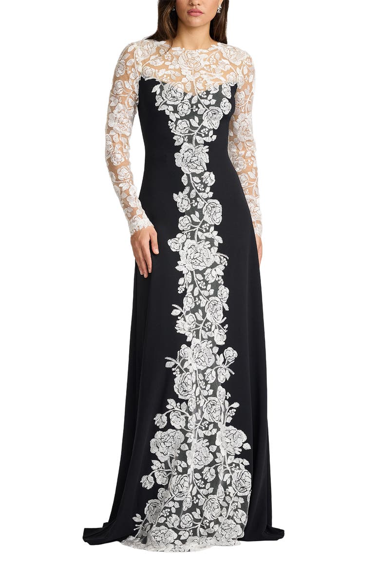Lace Detail Long Sleeve Crepe Gown, Alternate, color, IVORY/ BLACK