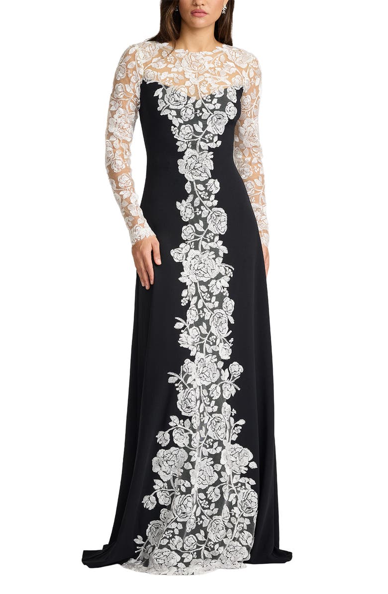 Tadashi Shoji Lace Detail Long Sleeve Crepe Gown, Alternate, color, Ivory/ Black