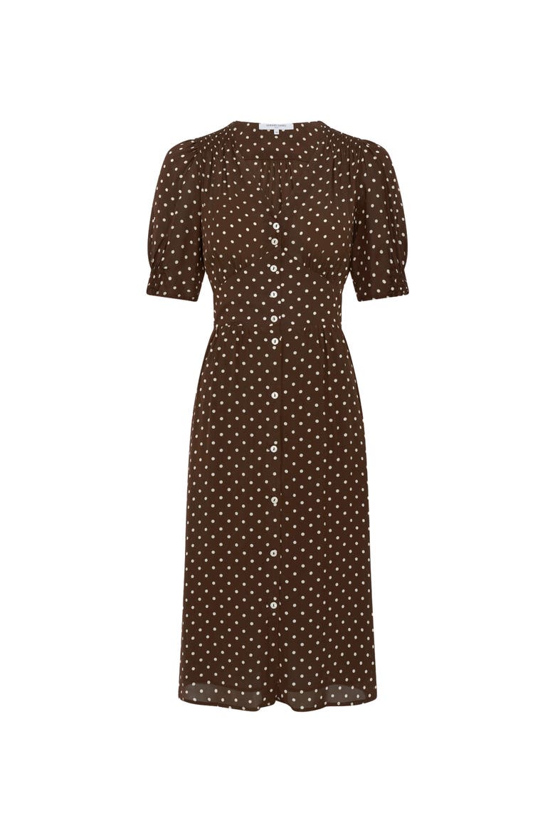 Rohya V-Neck Polka Dot Midi Dress, Alternate, color, Brown