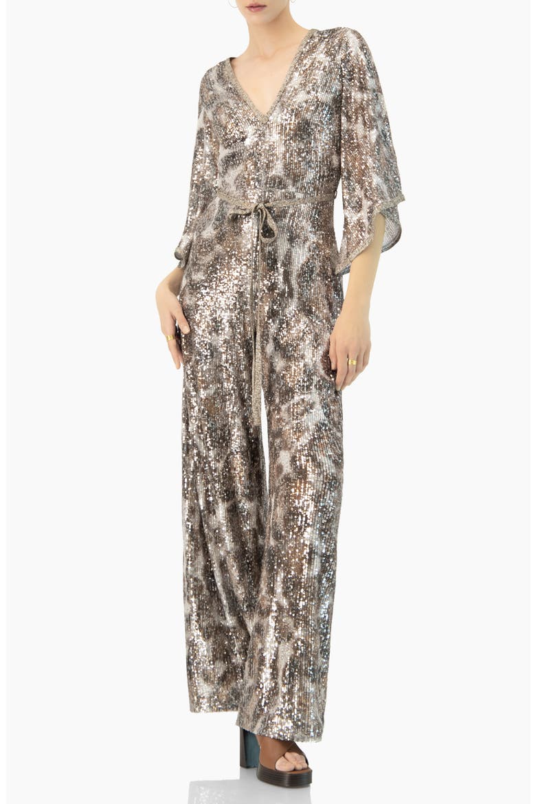 Sequin Wide-Leg, V-Neck Jumpsuit, Alternate, color, Copper
